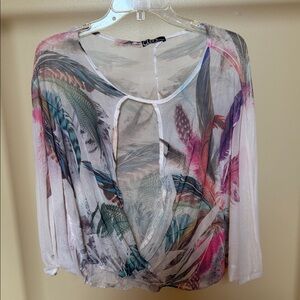 Sheer Feather-Print Blouse - Pink Multi